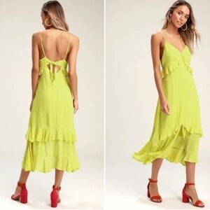 LULU's Tropical Vacation Flowy Tie Back Sexy Bohemian Ruffled Midi Dress NWOT